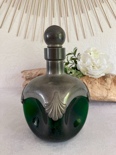 625⚜️ Ancienne Carafe Bouteille Couleur Verte en Verre et Étain Vintage France