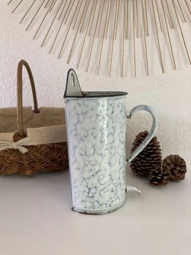 7 ⚜️  Ancien Broc Pot De Lavement en Tôle Émaillée Vintage Authentique