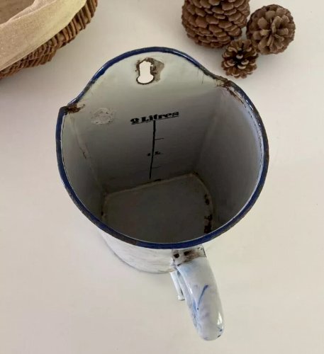 7 ⚜️  Ancien Broc Pot De Lavement en Tôle Émaillée Vintage Authentique