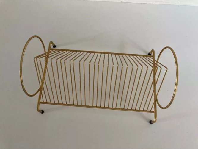 7⚜️ Ancien Présentoir Range Disque Vinyle Métal Doré Design Retro Vintage