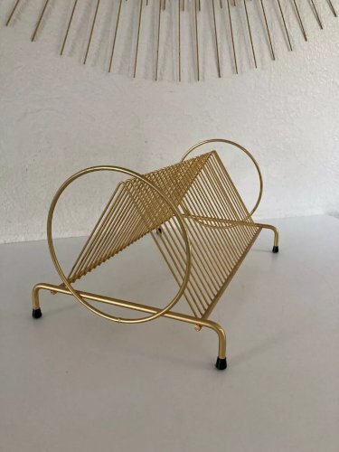 7⚜️ Ancien Présentoir Range Disque Vinyle Métal Doré Design Retro Vintage