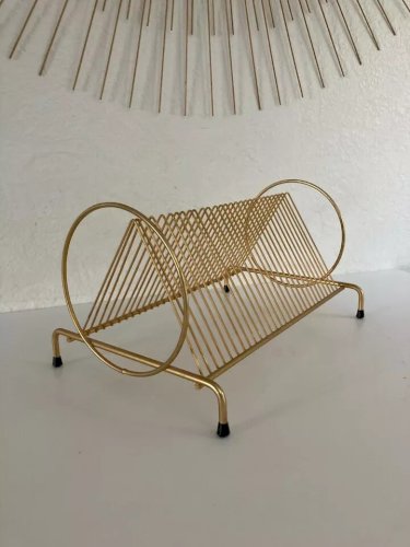 7⚜️ Ancien Présentoir Range Disque Vinyle Métal Doré Design Retro Vintage