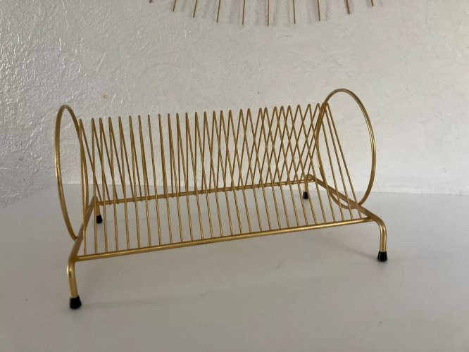 7⚜️ Ancien Présentoir Range Disque Vinyle Métal Doré Design Retro Vintage