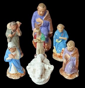 7 Old Nursery Figures Santons Devineau Christmas Antique