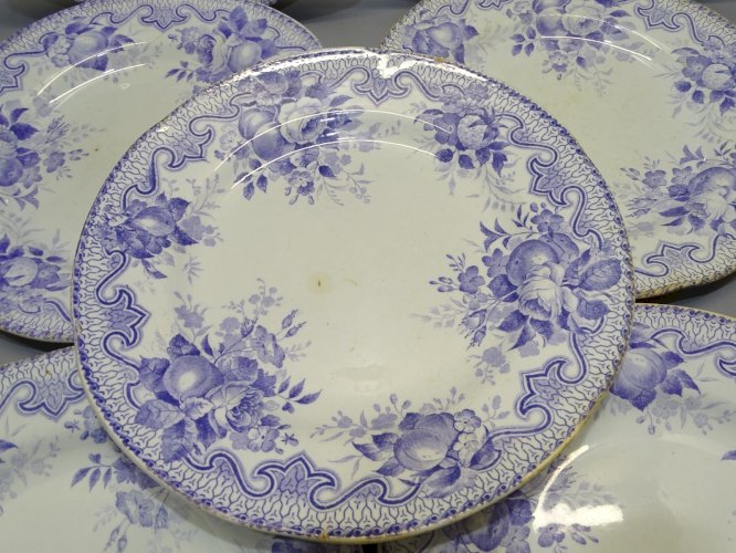 -7 ASSIETTES FAIENCE FB LM & Cie Guirlande FEUILLAGE VIOLET CLAIR sur Bord   D