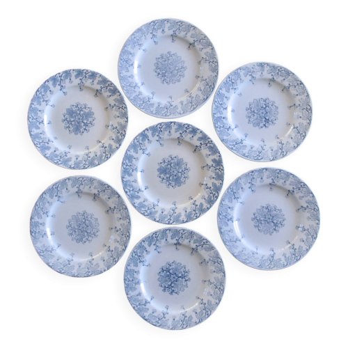 7 assiettes XIXe terre de fer signées KG Lunéville collection Neva