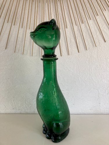 724⚜️ Bouteille Carafe Flacon Verre Forme Tête Chat Couleur Vert Hauteur 37 Cm