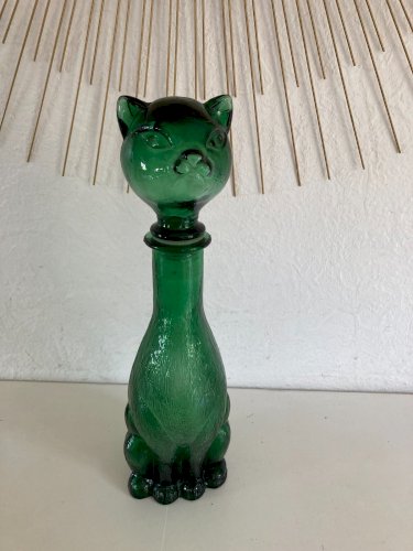 724⚜️ Bouteille Carafe Flacon Verre Forme Tête Chat Couleur Vert Hauteur 37 Cm