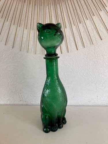 724⚜️ Bouteille Carafe Flacon Verre Forme Tête Chat Couleur Vert Hauteur 37 Cm