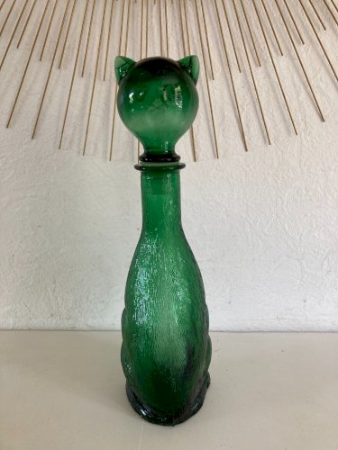 724⚜️ Bouteille Carafe Flacon Verre Forme Tête Chat Couleur Vert Hauteur 37 Cm