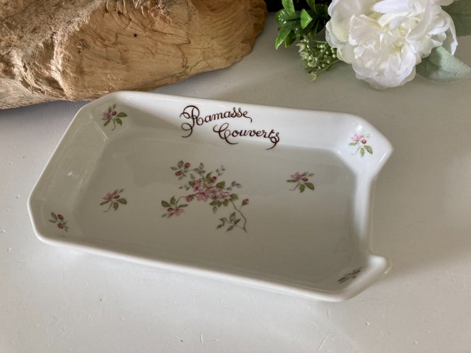 724⚜️ Ramasse Couverts en Porcelaine à Feu France Décor Fleur Longueur 24 Cm