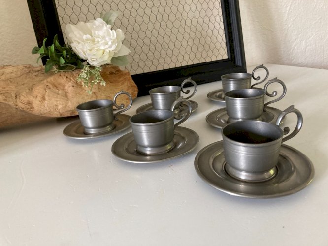 824⚜️ Ancien Service à Café 6 Tasses en Étain Vintage