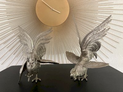 824⚜️ Old Pair of Decorative Roosters Statue Sculpture Silver Metal 2x.1.1kg