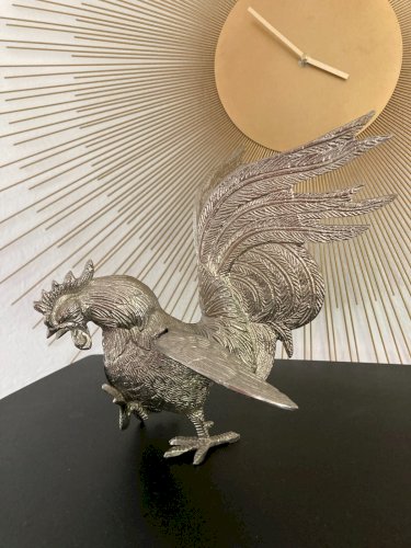 824⚜️ Ancienne Paire de Coqs Décoratif Statue Sculpture Métal Argente 2x.1.1kg