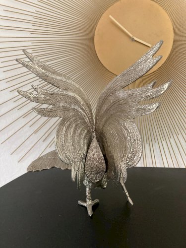 824⚜️ Ancienne Paire de Coqs Décoratif Statue Sculpture Métal Argente 2x.1.1kg