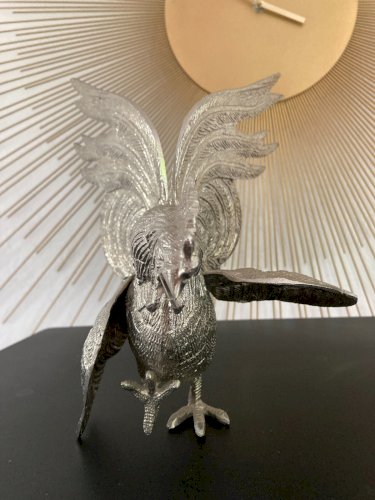 824⚜️ Ancienne Paire de Coqs Décoratif Statue Sculpture Métal Argente 2x.1.1kg