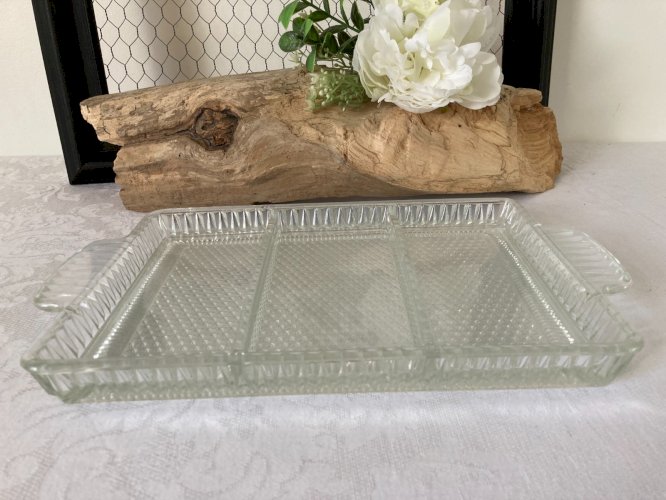 825⚜️ Ancien Plat Plateau en Verre Serviteur Rectangulaire 3 Compartiments