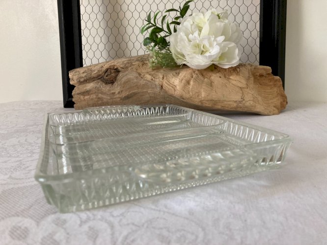 825⚜️ Ancien Plat Plateau en Verre Serviteur Rectangulaire 3 Compartiments