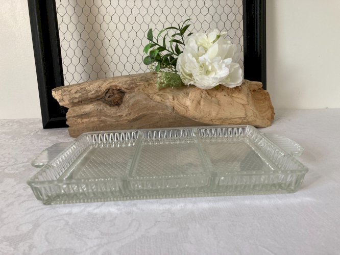 825⚜️ Ancien Plat Plateau en Verre Serviteur Rectangulaire 3 Compartiments