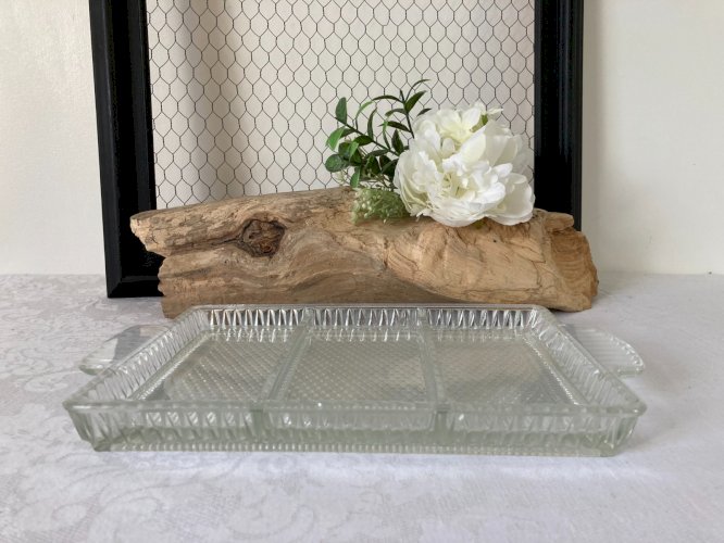 825⚜️ Ancien Plat Plateau en Verre Serviteur Rectangulaire 3 Compartiments