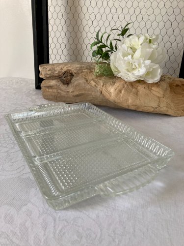 825⚜️ Ancien Plat Plateau en Verre Serviteur Rectangulaire 3 Compartiments