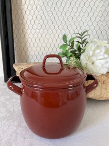 825⚜️ Ancienne Petite Cocotte en Tôle Émaillée Vintage Hauteur 11 Cm