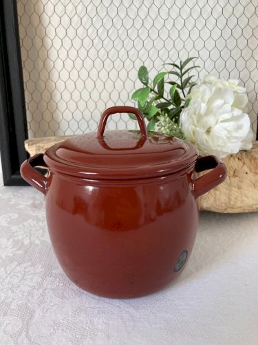 825⚜️ Ancienne Petite Cocotte en Tôle Émaillée Vintage Hauteur 11 Cm