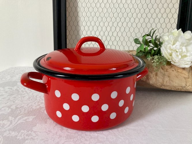 825⚜️ Cocotte Faitout Marmite en Tôle Émaillée Vintage Couleur Rouge à Pois