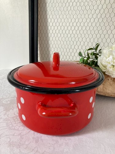 825⚜️ Cocotte Faitout Marmite en Tôle Émaillée Vintage Couleur Rouge à Pois