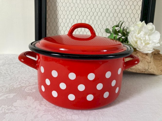 825⚜️ Cocotte Faitout Marmite en Tôle Émaillée Vintage Couleur Rouge à Pois