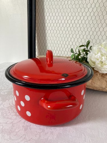 825⚜️ Cocotte Faitout Marmite en Tôle Émaillée Vintage Couleur Rouge à Pois