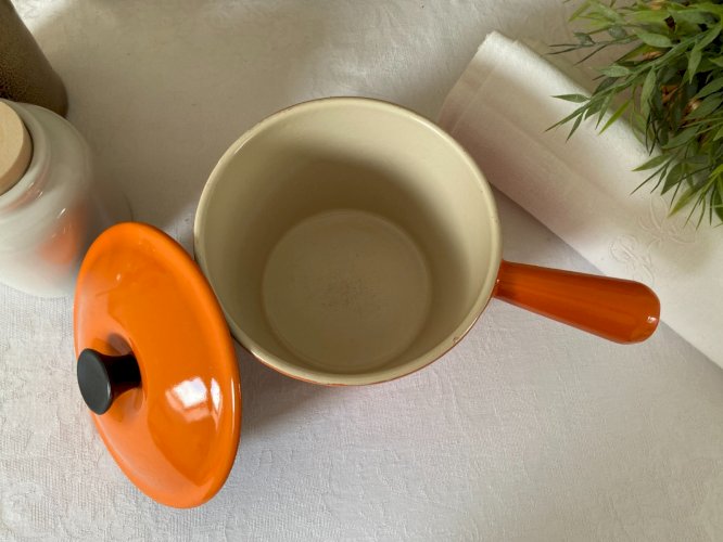 825⚜️ Le Creuset Poêlon Caquelon Casserole Orange en Fonte Émaillée