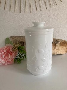 9 ⚜️ Old White Pot Candy Jar Opal Glass With Relief Plants Vegetation