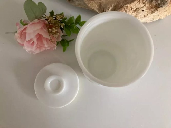 9 ⚜️ Ancien Pot Blanc Bonbonnière Verre Opale Avec Relief Plantes Végétation