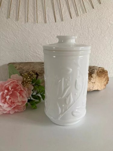 9 ⚜️ Ancien Pot Blanc Bonbonnière Verre Opale Avec Relief Plantes Végétation