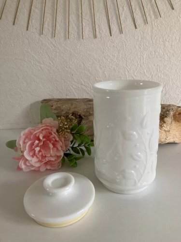 9 ⚜️ Ancien Pot Blanc Bonbonnière Verre Opale Avec Relief Plantes Végétation