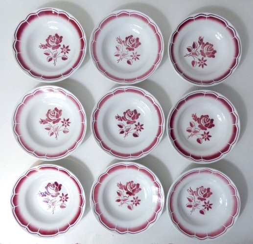 9 assiettes creuses FB Digoin rose