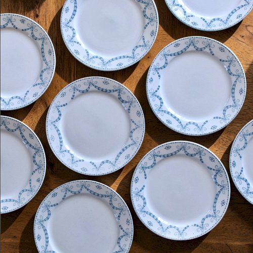 9 assiettes plates anciennes terre de fer signées Sarreguemines Juliana