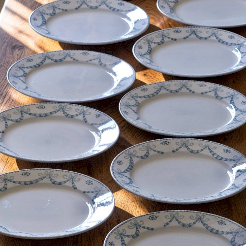 9 assiettes plates anciennes terre de fer signées Sarreguemines Juliana