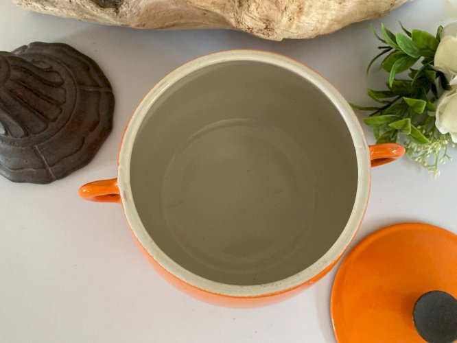 924⚜️ Ancienne Cocotte à Fondue Marmite, Faitout en Fonte Émaillée Orange