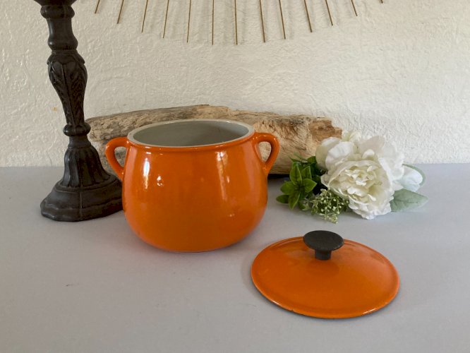 924⚜️ Ancienne Cocotte à Fondue Marmite, Faitout en Fonte Émaillée Orange