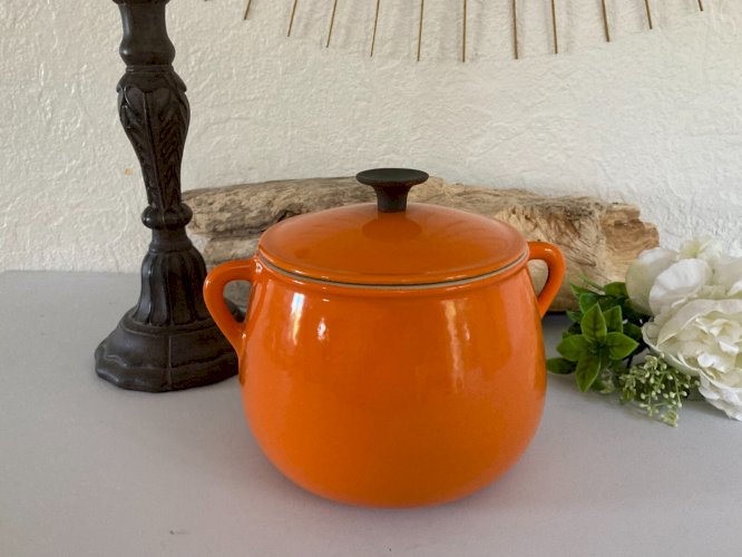 924⚜️ Ancienne Cocotte à Fondue Marmite, Faitout en Fonte Émaillée Orange