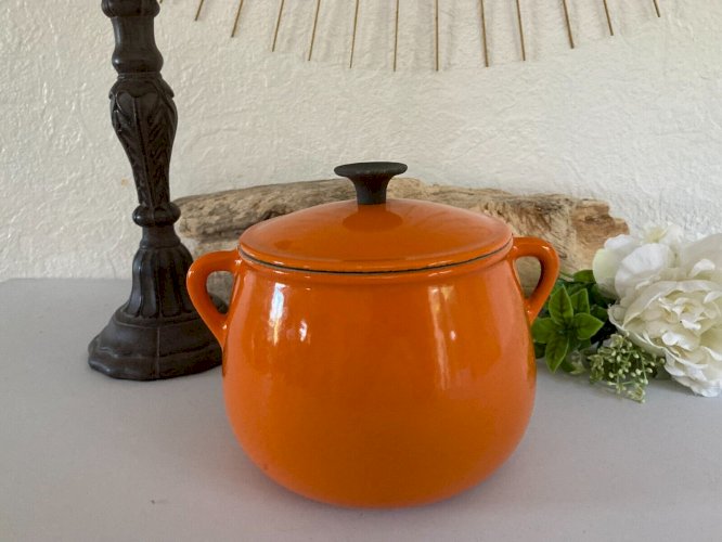 924⚜️ Ancienne Cocotte à Fondue Marmite, Faitout en Fonte Émaillée Orange