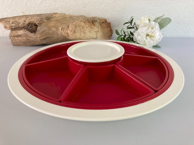 924⚜️ Tupperware Plat de Service Plateau Apéritif Blanc & Rouge Ø 37 Cm