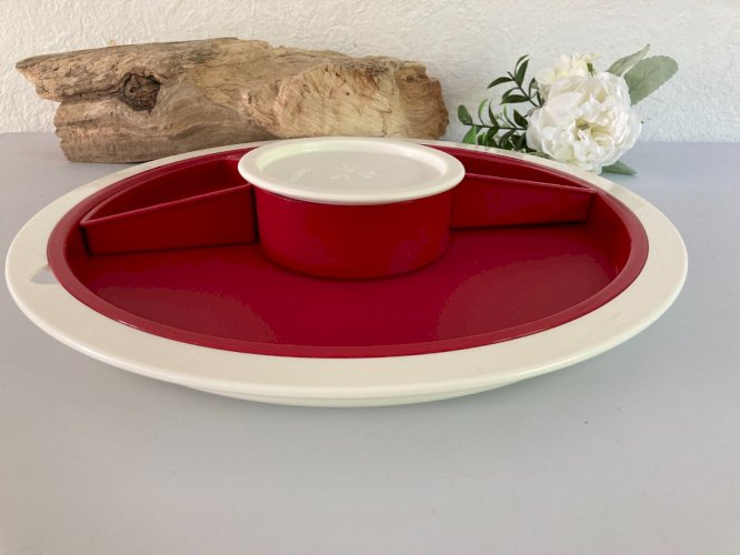 924⚜️ Tupperware Plat de Service Plateau Apéritif Blanc & Rouge Ø 37 Cm