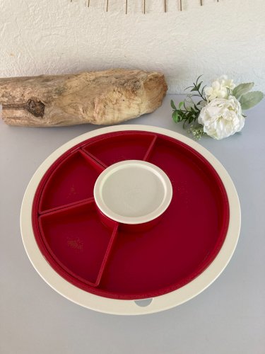 924⚜️ Tupperware Plat de Service Plateau Apéritif Blanc & Rouge Ø 37 Cm