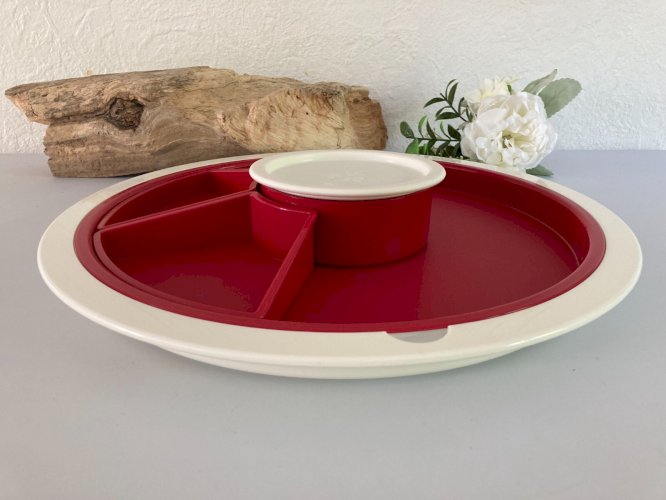 924⚜️ Tupperware Plat de Service Plateau Apéritif Blanc & Rouge Ø 37 Cm