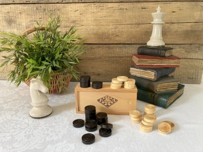 925⚜️ Ancien Jeu De Société Pions Pour Jeu de Dames en Bois Jeux Morize Complet
