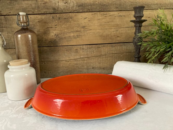 925⚜️ Ancien Plat Ovale en Fonte Émaillée Couleur Orange Longueur 32 Cm Vintage