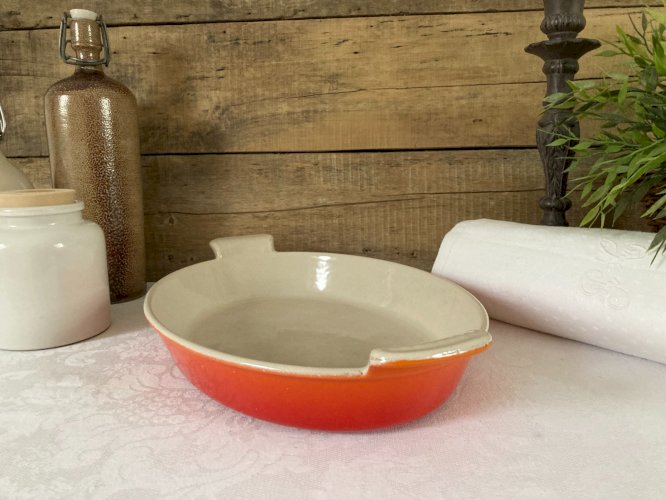 925⚜️ Ancien Plat Ovale en Fonte Émaillée Couleur Orange Longueur 32 Cm Vintage